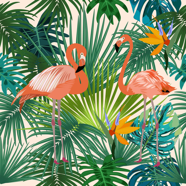 Seamless pattern of flamingo, leaves monstera. Tropical leaves of palm tree and flowers. Vector background. - Vector, Image