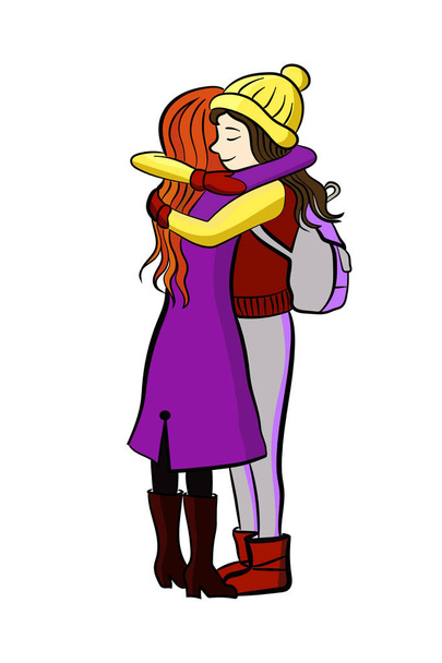 ガール フレンドは、抱き締めてをいます。友人を満たす、笑顔と抱擁を交わす非常に満足しています。スタイリッシュな秋のアパレルのこのベクトルの写真です。漫画のキャラクター. - ベクター画像