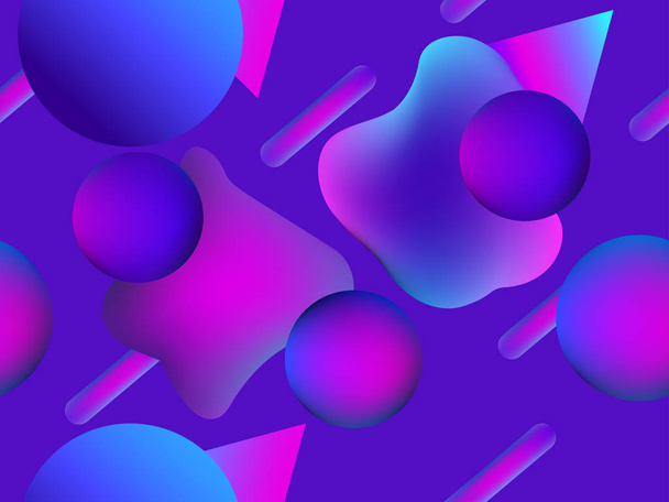 Patrón sin costura con forma líquida y objetos geométricos en la década de 1980. Textura degradada. Color violeta. Ilustración vectorial
 - Vector, Imagen