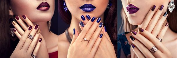 Mulher bonita com maquiagem perfeita e manicure azul usando jóias no fundo preto. Conceito de beleza e moda
. - Foto, Imagem