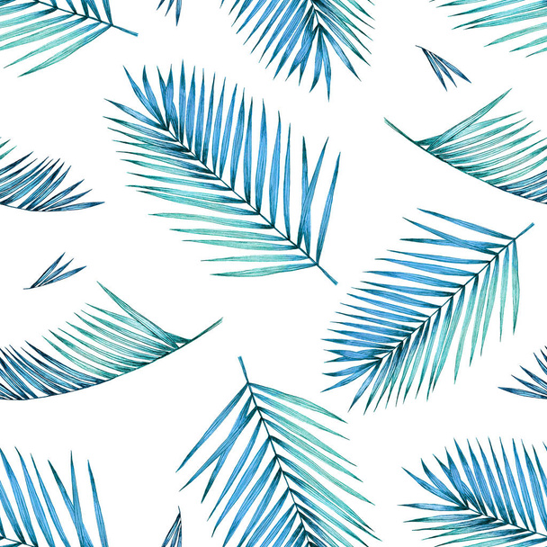Seamless pattern with tropical palm leaves on white background. Stylish illustration - Photo, Image