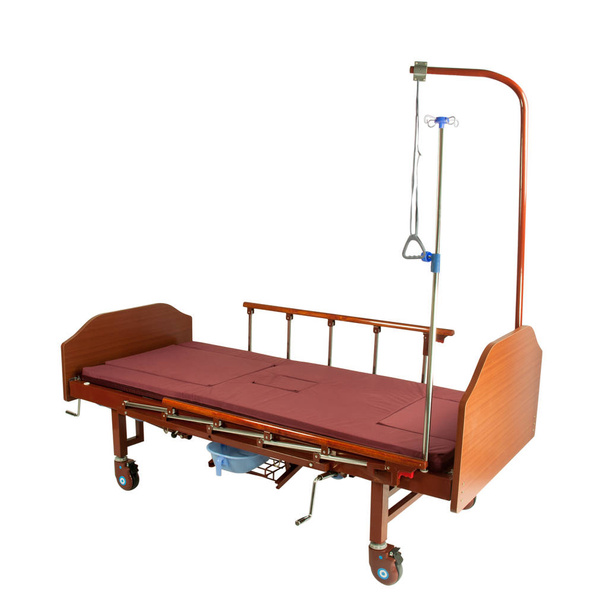 Cama semi-automática de metal marrón médico sobre ruedas con colchón color burdeos aislado en blanco
 - Foto, imagen