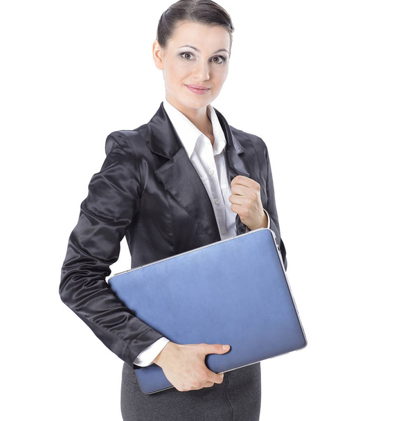 successful business woman is standing with an open laptop - Foto, Bild