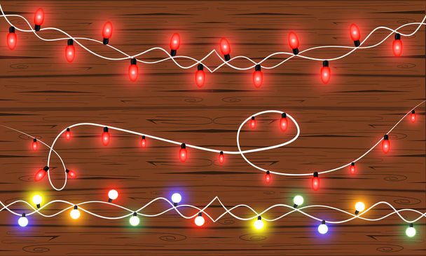Набор светящихся рождественских огней для рождественского дизайна праздничных открыток. Деревянный ручной рисунок фона. Рождество и Новый год дизайн: деревянный фон с гирляндой рождественских огней. Векторная иллюстрация
 - Вектор,изображение