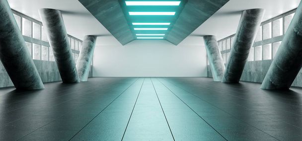 Sci Fi futurisztikus világos Alienship Modern fényvisszaverő folyosó üres alagút beton csempézett padló és a beton nagy oszlopok és kék fények technológiai háttér koncepció 3d Rendering illusztráció - Fotó, kép