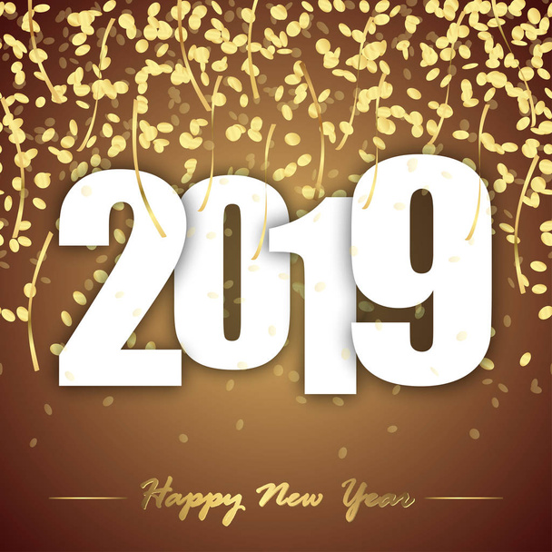 Yeni yıl partisi 2019 için altın konfeti ile renkli arka plan - Vektör, Görsel