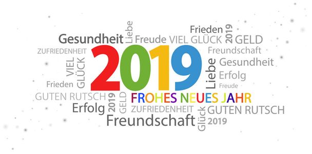 nube de palabras multicolor con saludos de año nuevo 2019 y fondo blanco
 - Vector, Imagen