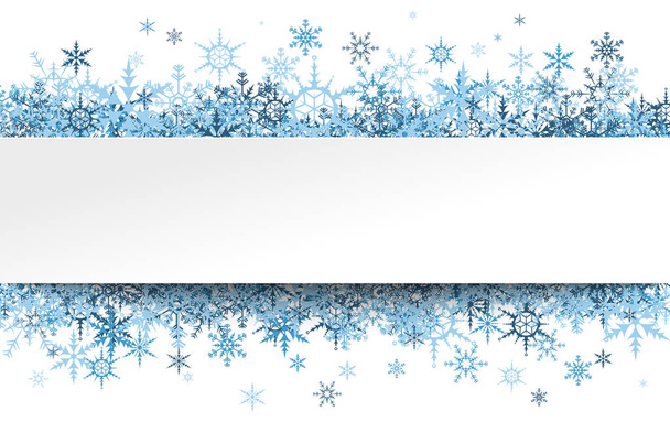 blue snowflakes behind empty white banner frame for christmas winter greetings on white background - Vecteur, image