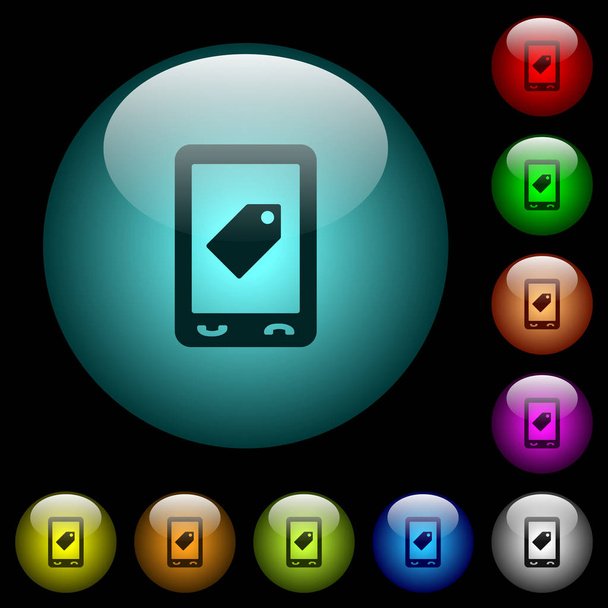 Renkli ışıklı küresel cam düğmeler siyah arka plan üzerinde hareket eden etiket simgeler. Siyah veya koyu şablonları için kullanılabilir - Vektör, Görsel