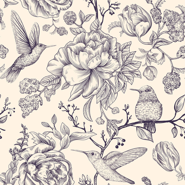 Vector sketch pattern with birds and flowers. Monochrome flower design for web, wrapping paper, phone cover, textile, fabric, postcard - Vector, Image