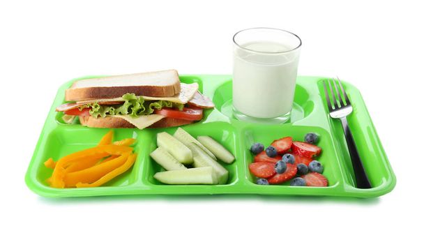 Serving tray with healthy food on white background. School lunch - Fotoğraf, Görsel