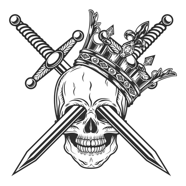 Vintage Prins schedel in kroon met ridder zwaard monochroom geïsoleerde vectorillustratie - Vector, afbeelding