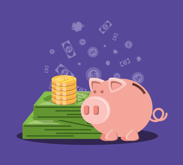 Sparschwein mit Geld und Schein-Dollar - Vektor, Bild
