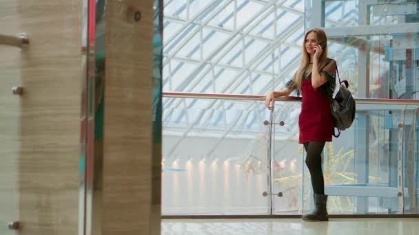 Sprzedaż, konsumpcjonizmu: młoda kobieta z smartfonów i torby na zakupy rozmawiasz w pobliżu centrum handlowego - Materiał filmowy, wideo