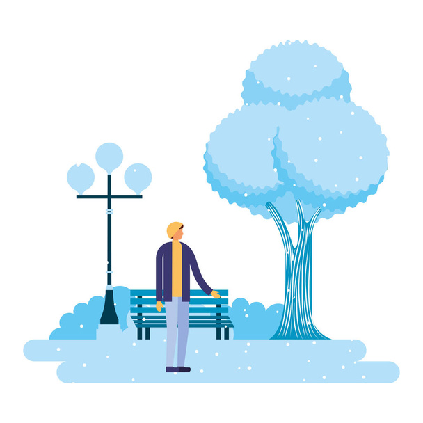 чоловік стоїть в парку зимових пейзажів Векторні ілюстрації
 - Вектор, зображення