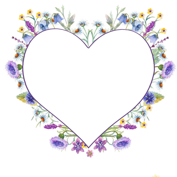 Ρομαντικό χαριτωμένο στεφάνι με λουλούδια με πράσινα κλαδιά και φύλλα. Ακουαρέλα εικονογράφηση σε άσπρο φόντο απομονωμένες. - Φωτογραφία, εικόνα