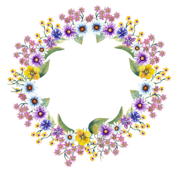 Romantic cute wreath of flowers with green branches and leaves. Watercolor illustration on white isolated background. - Foto, immagini