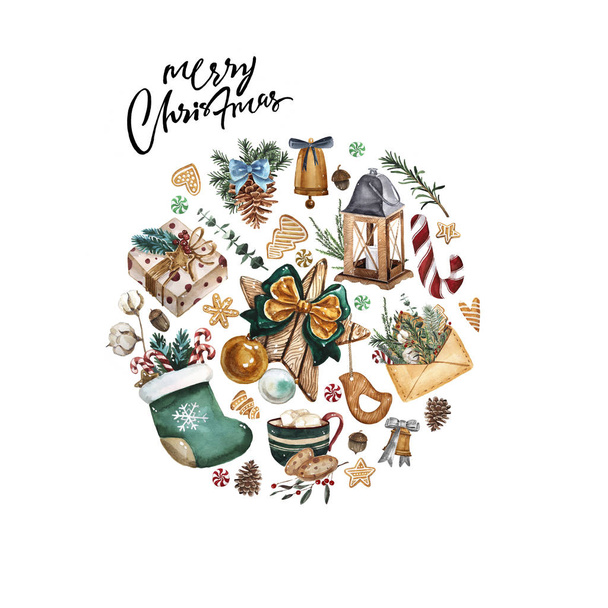 Aquarell-Weihnachtskarte mit weihnachtlichen Elementen und traditionellem Dekor. runde handgezeichnete Illustration mit Schriftzug. - Foto, Bild