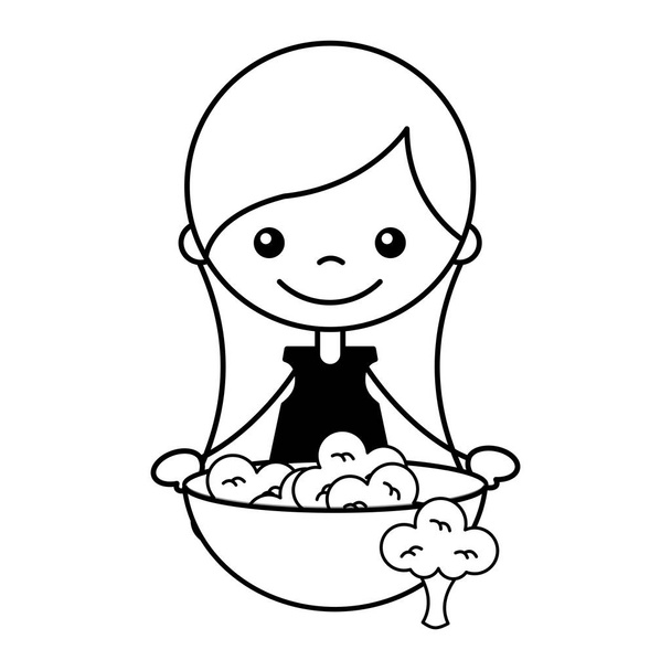 girl with bowl filled broccoli vector illustration - Vector, imagen