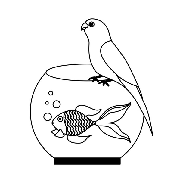 canary and goldfish in bowl vector illustration - Vector, Image