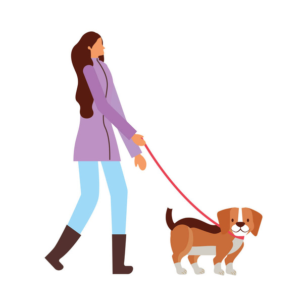 彼女の犬のベクトル イラストと一緒に歩いている女性 - ベクター画像