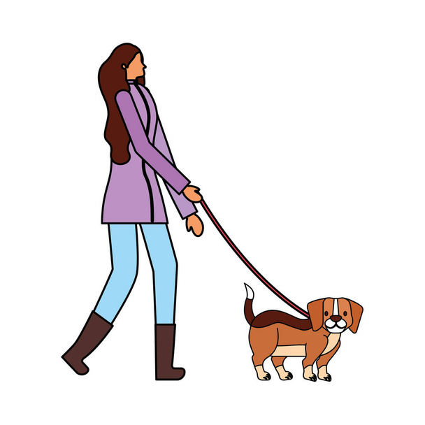 犬と一緒に歩く女性は - ベクター画像