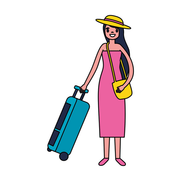 tourist woman with travel suitcase vacations - Vecteur, image