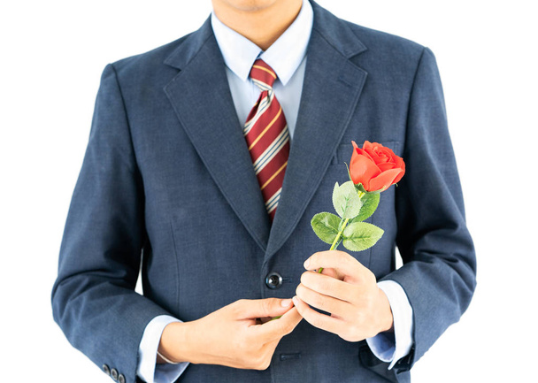 Close up photo of businessman in suit holding with red rose on white background - Foto, afbeelding