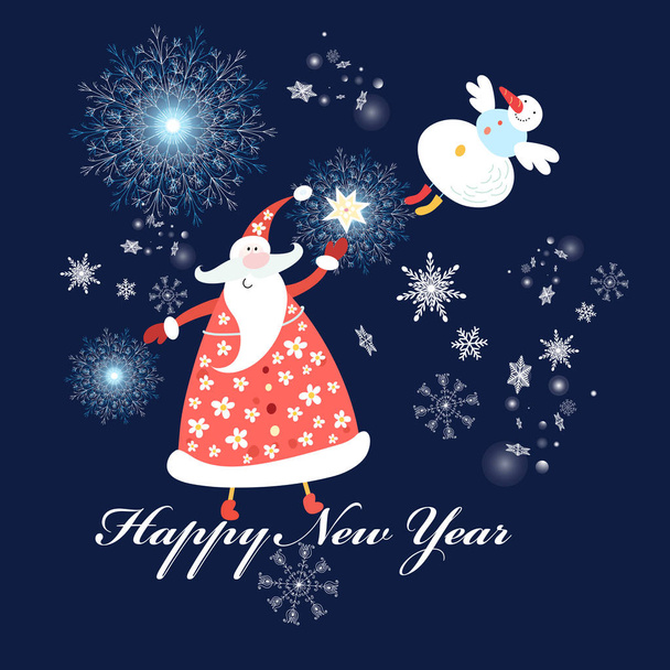 Tarjeta de felicitación navideña festiva brillante con Santa Claus sobre un fondo azul con copos de nieve
 - Vector, Imagen