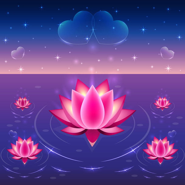 Water lilies with hearts,  pink lotuses on water vector illustration, night, stars and sparkles. - Vector, Image