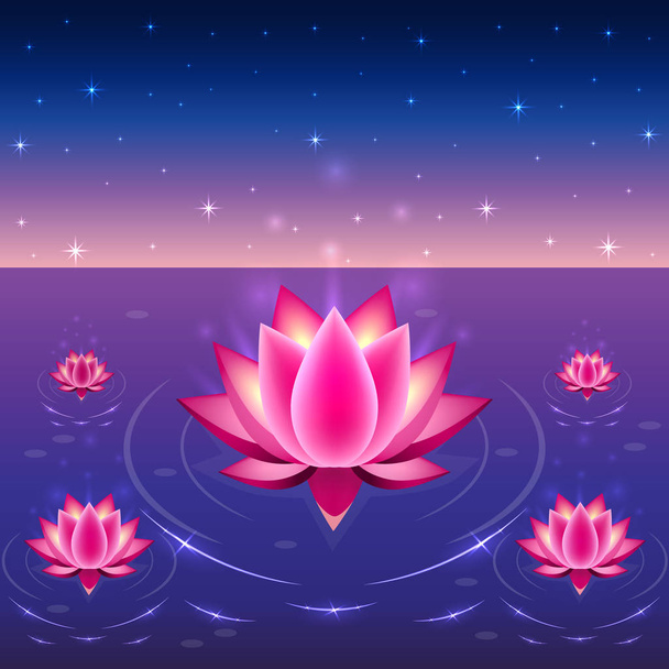 Water lilies, pink lotuses on water vector illustration, night, stars and sparkles. - Vector, Image