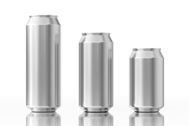 Boîtes en aluminium vierges avec espace libre pour votre conception sur un fond blanc. Rendu 3d
  - Photo, image