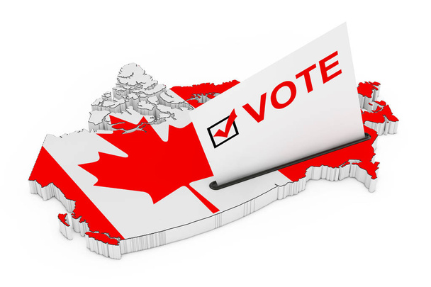 Abstimmung in Kanada Konzept. Wahlkarte, die zur Hälfte in die Wahlurne in Form einer Kanada-Landkarte mit Fahne auf weißem Hintergrund gesteckt wurde. 3D-Darstellung  - Foto, Bild