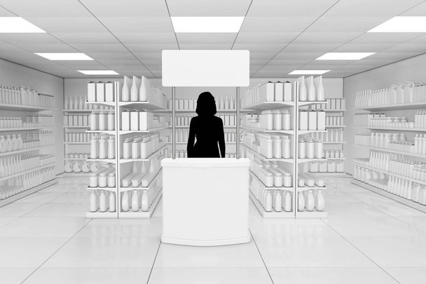Woman Promoter Silhouette Behind of Blank Advertising Promotion Banner Stand near Market Shelving Rack with Blank Products or Goods in Clay Style as Supermarket Interior extreme closeup. 3d Rendering.  - Photo, Image