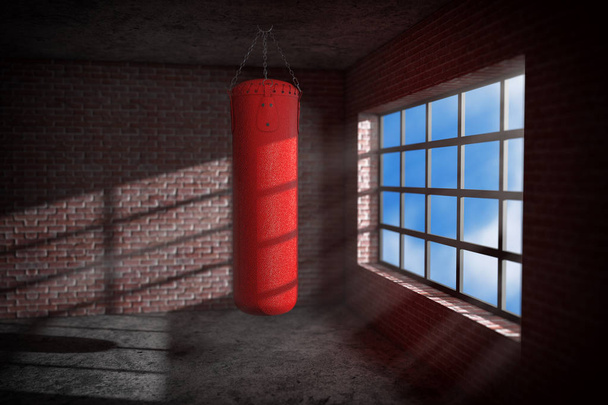 Красная кожаная боксерская сумка в темном боксерском зале, крупным планом. 3D-рендеринг
  - Фото, изображение