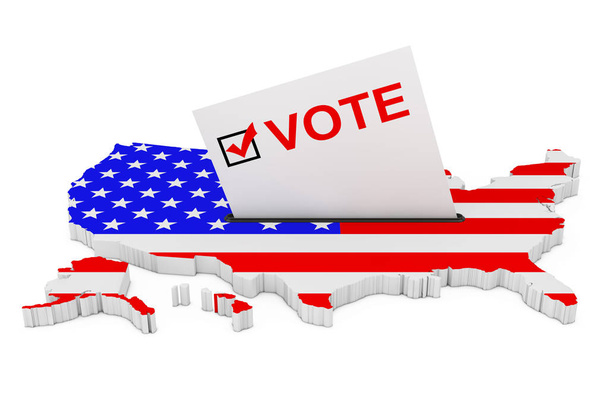 Votação no Conceito dos EUA. Cartão de Voto Meia Inserido em Caixa de cédula em Forma de EUA Mapa com Bandeira sobre fundo branco. Renderização 3d
  - Foto, Imagem