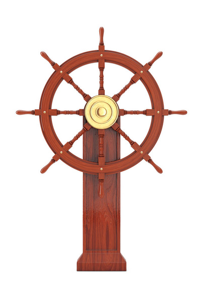 Oldtimer Schiffslenkrad aus Holz mit Ständer auf weißem Hintergrund. 3D-Darstellung  - Foto, Bild