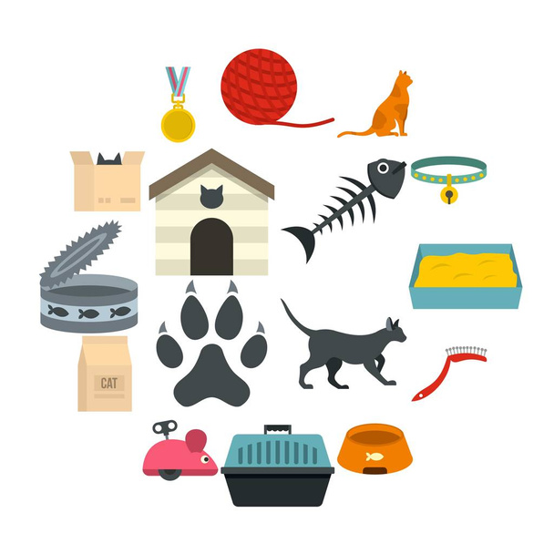 Cat care tools icons set in flat style - Vektor, obrázek