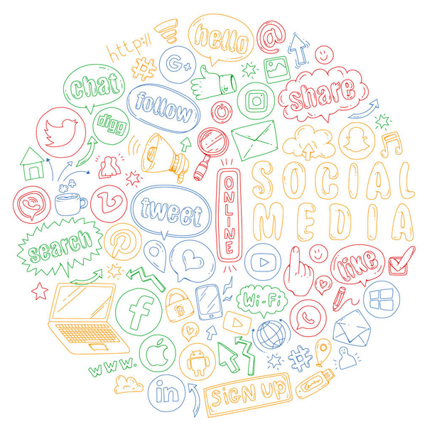 Social media e icone del lavoro di squadra. Immagini Doodle. Gestione, business, infografica
. - Vettoriali, immagini