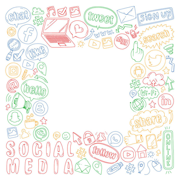 Social media en teamwork iconen. Doodle beelden. Management, business, infographic. - Vector, afbeelding