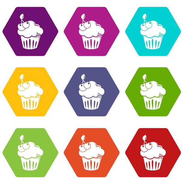 Cherry cupcake icons set 9 vector - Vector, Image