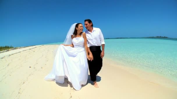 Svatební pár směje & tančí na pláži - Záběry, video