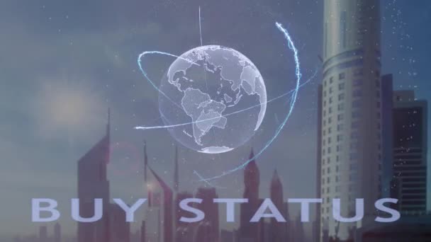 Buy status text with 3d hologram of the planet Earth against the backdrop of the modern metropolis - Footage, Video