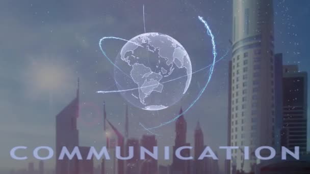 Κείμενο ανακοίνωσης με τρισδιάστατο ολόγραμμα του πλανήτη γη ενάντια στο σκηνικό της σύγχρονης Μητρόπολης. Φουτουριστικό animation έννοια - Πλάνα, βίντεο