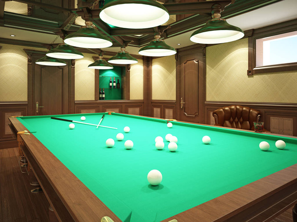 Billiard room in classical style with wooden decoration. 3D rendering. - Photo, Image