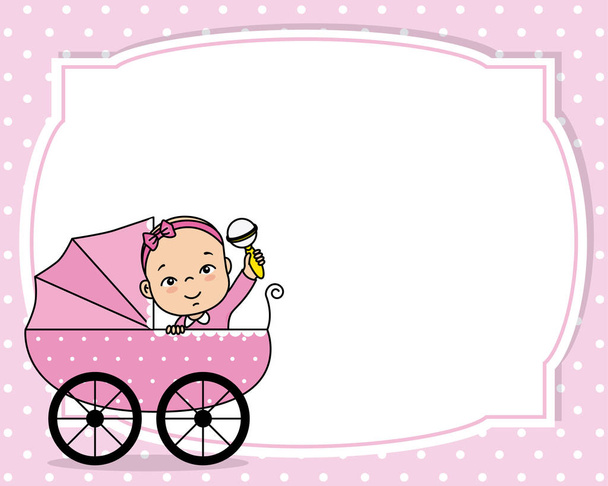 baby girl shower card. baby girl inside the cart. Space for text - Вектор,изображение