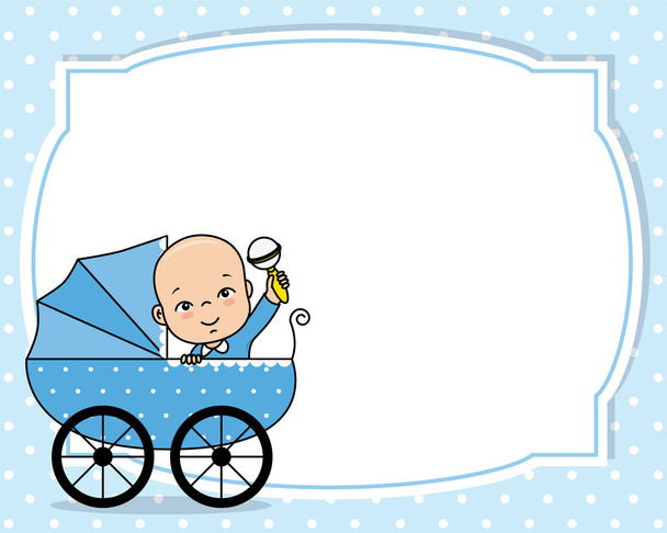 carte de douche pour bébé garçon. petite fille dans le chariot. Espace pour le texte
 - Vecteur, image