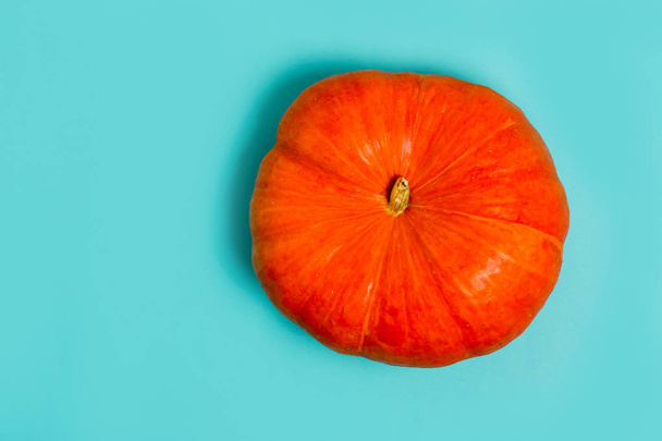Flat lay of orange pumpkin on a blue paper background with copy space for text. Autumn, Halloween, harvest and holiday concept - Foto, imagen