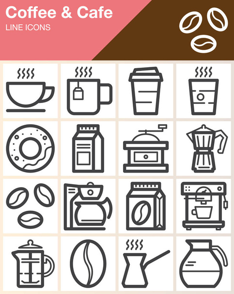 コーヒーとカフェ行アイコン設定、アウトライン ベクトル シンボル コレクション、線形スタイル絵文字パック。看板、ロゴの図。カップ、ドーナツ、マグカップ、豆、コーヒー マシン、グラインダーとしてアイコンを含める - ベクター画像