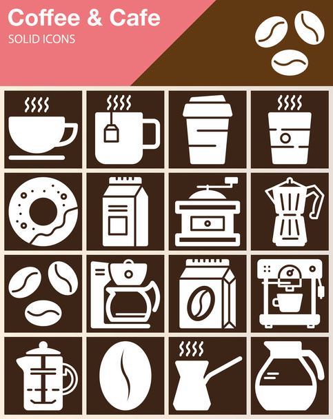 Kahve ve Cafe vektör simgeler kümesi, modern katı sembolü koleksiyonu, beyaz piktogram paketi dolu. İşaretler, logo illüstrasyon, web grafikleri - Vektör, Görsel